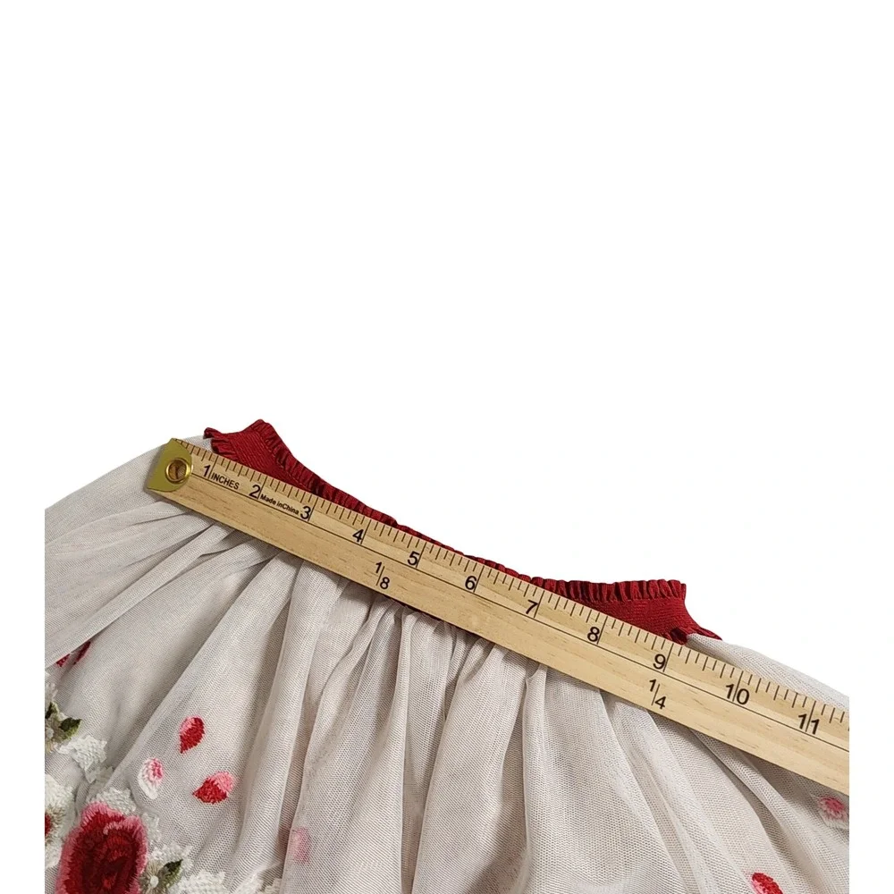 Mayoral Girls Size 8 Cream Tulle Embroidered Rose Floral Tutu Skirt Burgundy Red